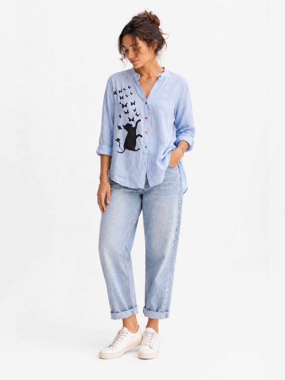 2/$35 Cat Butterfly Cotton Button-Up Tunic Blue Boho Top